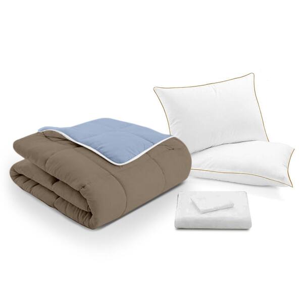 A1 Home Collections 7-Piece Blue, Khaki and White Solid 300 Thread Count Cotton Queen Sheet Set