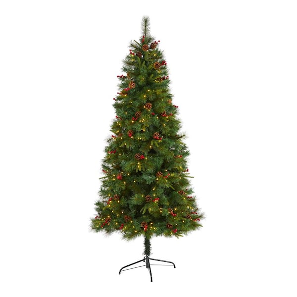 Nearly Natural 7 Ft Pre Lit Mixed Pine Artificial Christmas Tree With 350 Clear Led Lights Pine Cones And Berries T1671 The Home Depot