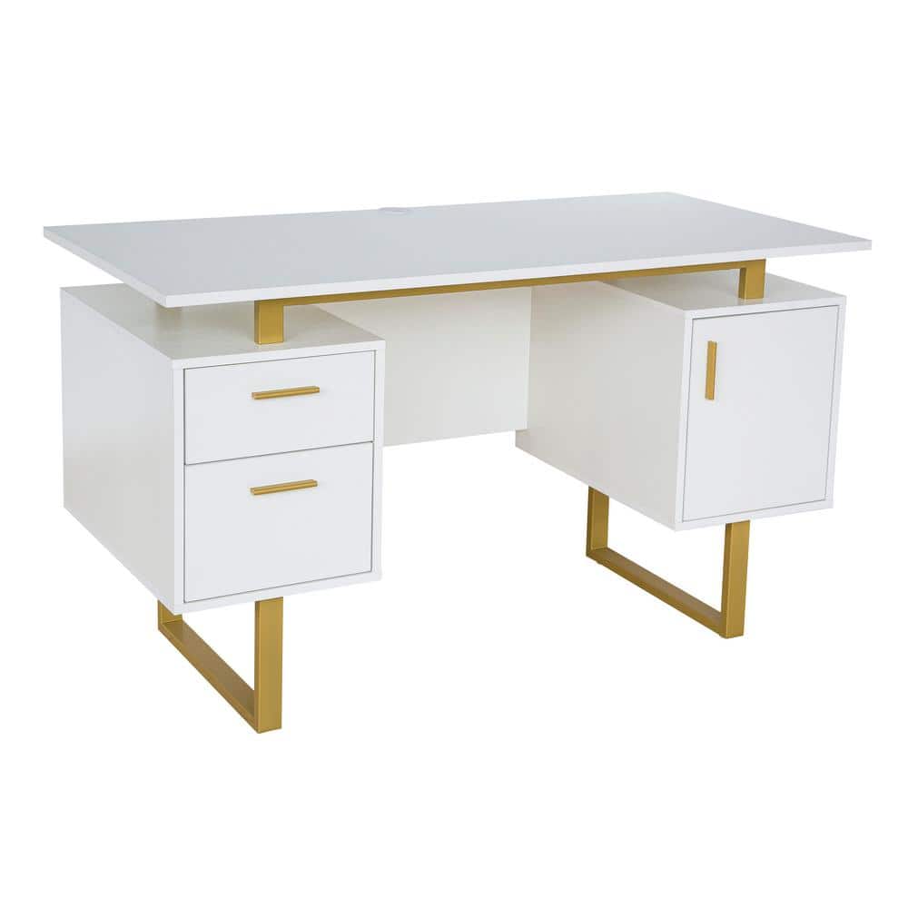 White and Gold Modern Writing Desk with Storage Drawers