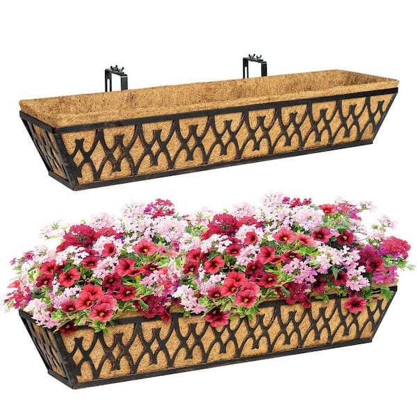 30 in Railing Planter Box with Adjustable Brackets and Coco Liners for Porch, Fence, Patio, Balcony Bronze (2-Pack)