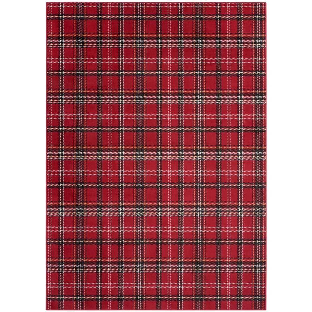 Red Plaid Rectangular Synthetic Area Rug 7' x 10'