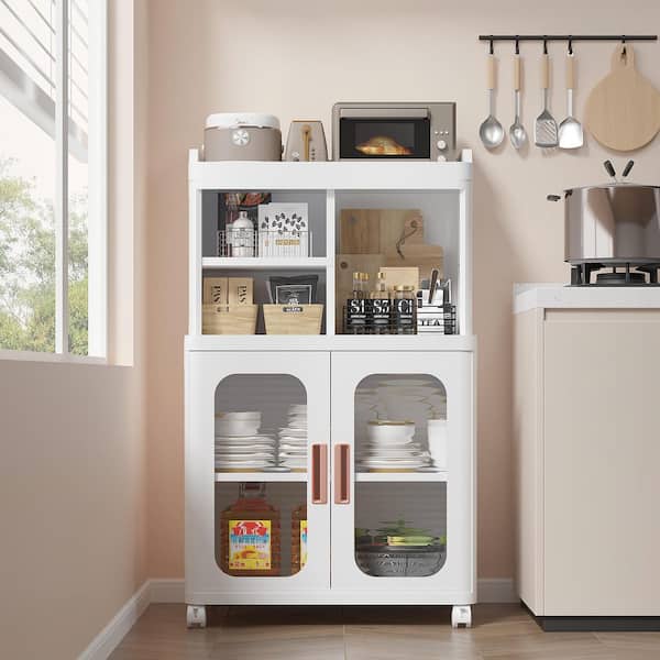 Foldable White 37.01 in. Accent Storage Cabinet with Wheels and 6 Shelves, Kitchen Storage Cabinet for Small Spaces