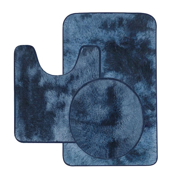 Blue 3-Piece Bathroom Rug Sets U-Shaped Contour Rug, Mat and Toilet Lid Cover Non Slip Absorbent Soft Bathroom Mat