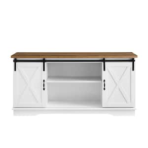 58 in. White and Rustic Oak Composite TV Stand 64 in. with Doors