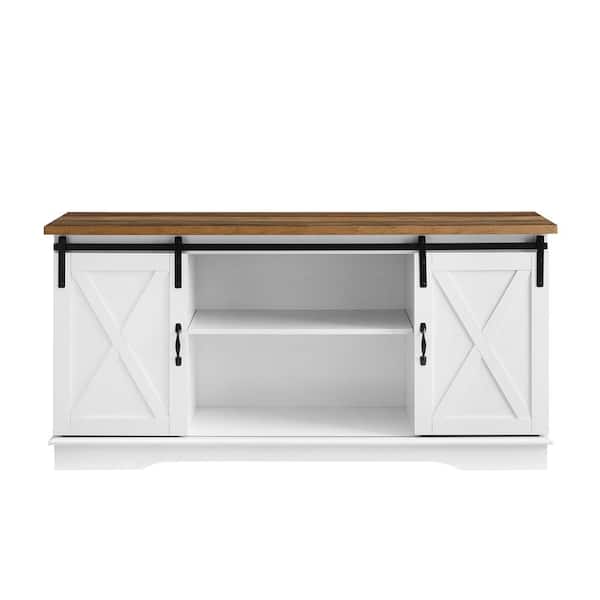 Walker Edison Furniture Company 58 in. White and Rustic Oak Composite TV Stand 64 in. with Doors