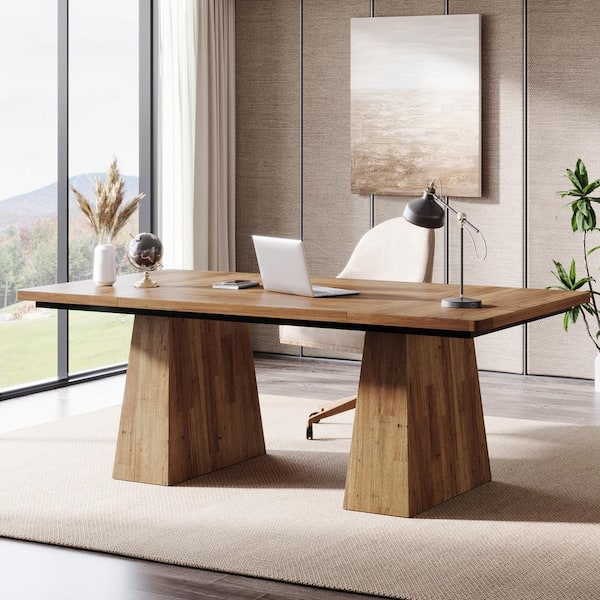 BYBLIGHT 63 in. Rectangle Walnut Brown Engineered Wood Executive Desk, Large Office Computer Desk with Double Pedestal