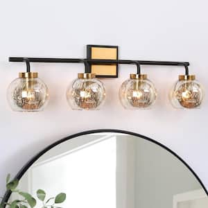 29.5 in. 4-Light Black Bathroom Vanity Light for Mirrors, Mercury Glass Brass Bath Lighting, Modern Indoor Wall Sconce