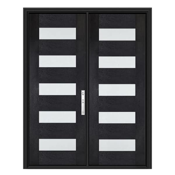 Regency 72 in. x 80 in. 5L Modern Frosted Glass LHIS Onyx Stain Fiberglass Double Prehung Front Door w/8011 NKL Lockset