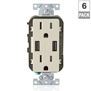 15 Amp Decora Combination Tamper Resistant Duplex Outlet and USB Charger, Light Almond (6-Pack)