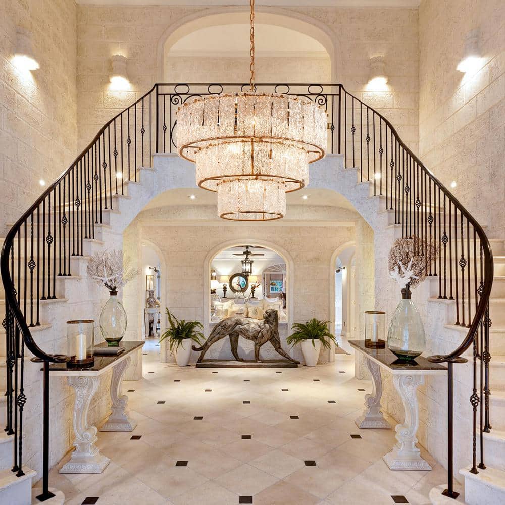 Distressed Gold 8-Light 3-Tiered Glass Drum Chandelier
