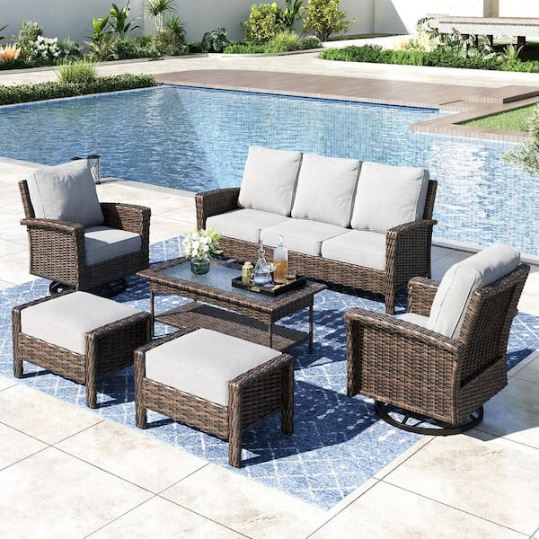 PHI VILLA Black 6-Pieces Metal Patio Conversation Sectional Seating Set with Swivel Sofa Chairs, Glass Top Table and Gray Cushions