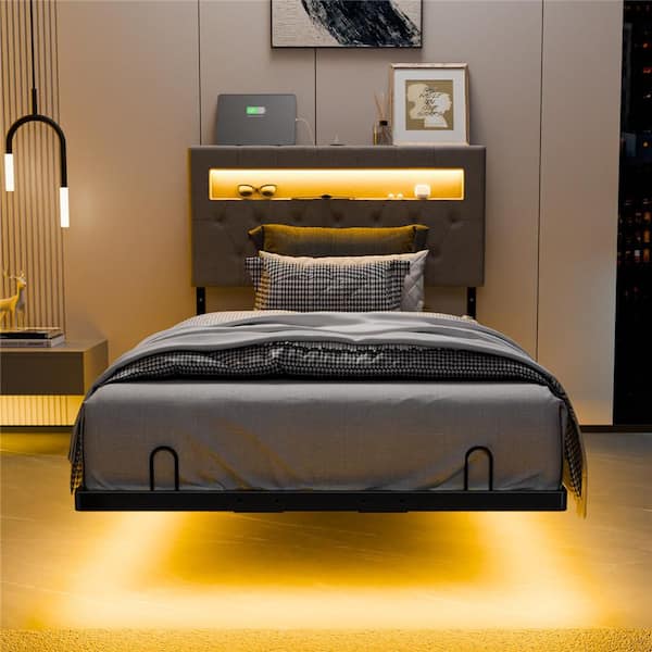 Karl home Gray Twin Size Floating Bed Frame with Upholstered Headboard/Charging Station,RGB LED Lights