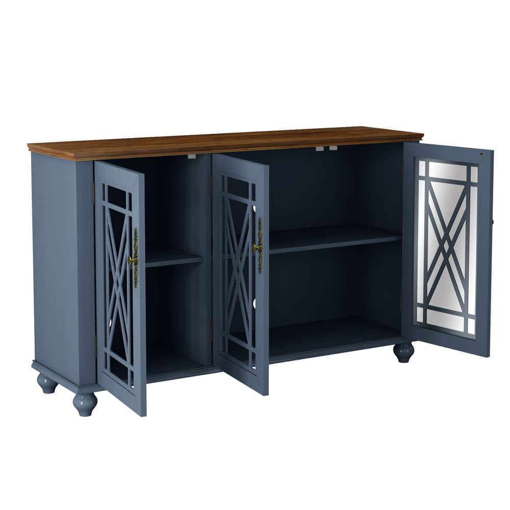 55" Navy and Wood Vintage Storage Sideboard Buffet Cabinet