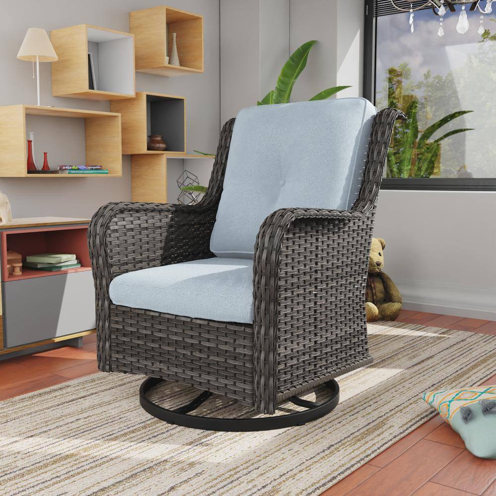 Modern Brown Steel Rocking Armchair with Baby Blue Cushions