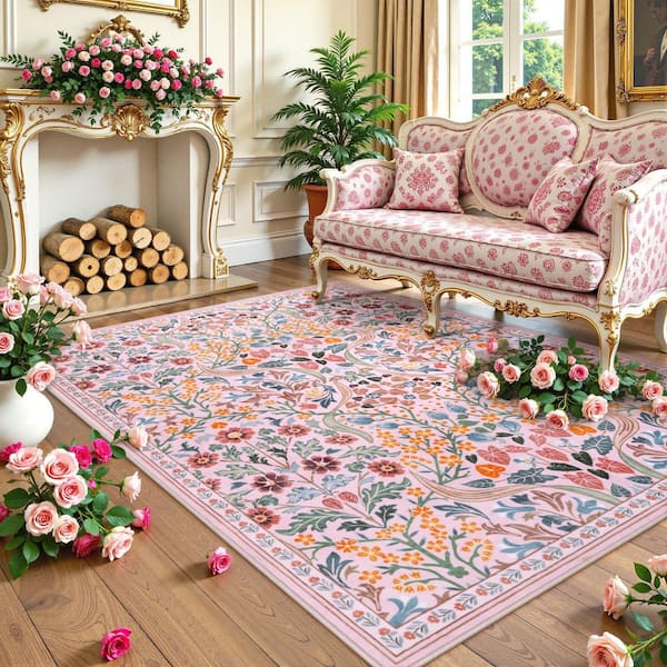 Multi-Colored Floral Plant Washable 8 ft. x 10 ft. Pink Area Rug