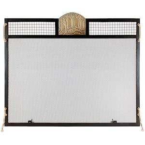 38 in. L Antique Brass and Matte Black 1-Panel Forest Fox Emblem Fireplace Screen