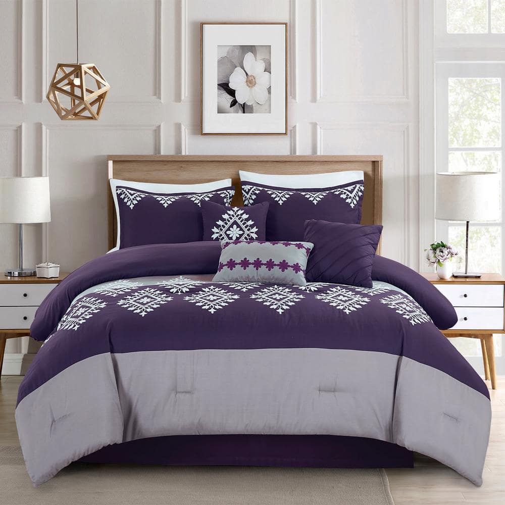 JML 7 Piece Purple Queen Microfiber Comforter Set JABA-22095-Q - The ...