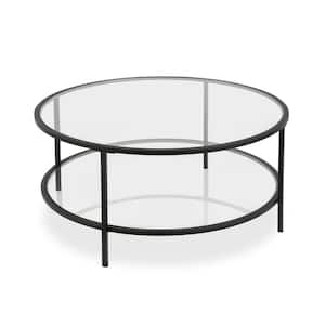 36 in. Black Round Glass Coffee Table with Shelves;Storage