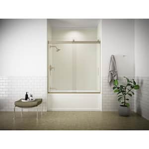 Levity 57 in. W x 59.75 in. H Semi-Frameless Sliding Tub Door in Bronze frame with Blade Handles