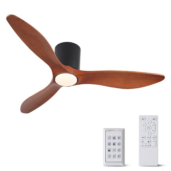 Hommee II 52 in. Indoor Flush Mount Black Morden Ceiling Fan with Light, Reversible DC Motor and Brown Solid Wood Blades