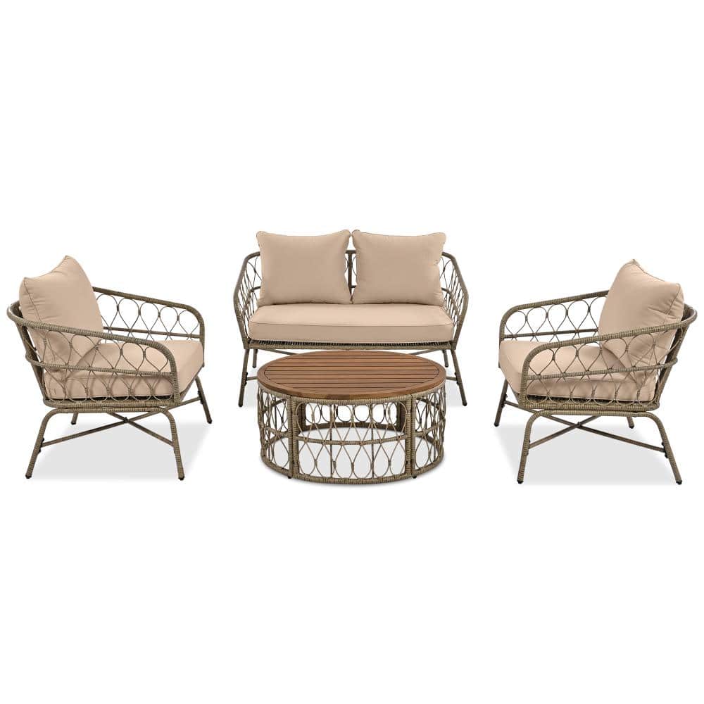 4-Piece Wicker Outdoor sofa Seating Group With Removable Beige Cushions, Conversation Set With Wood Tabletop price history on PriceWatchPro