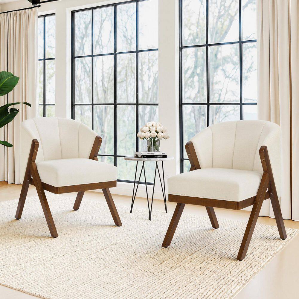 Beige Linen Upholstered Arm Chair with Solid Wood Frame and Sturdy Base for Living Room (Set of 2)