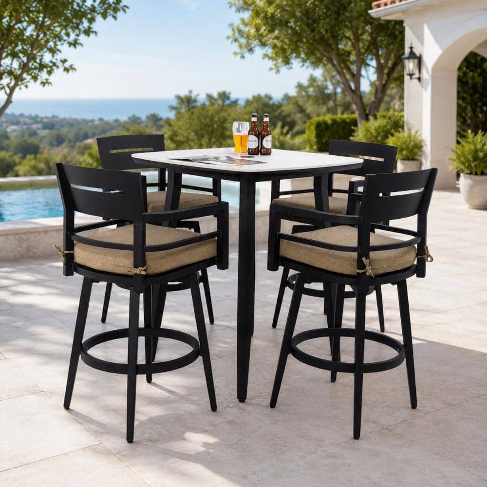 5-Piece Aluminum 41.7 in. Outdoor Bar Set with Swivel Chairs and Sunbrella Cushion and Umbrella Hole price history on PriceWatchPro