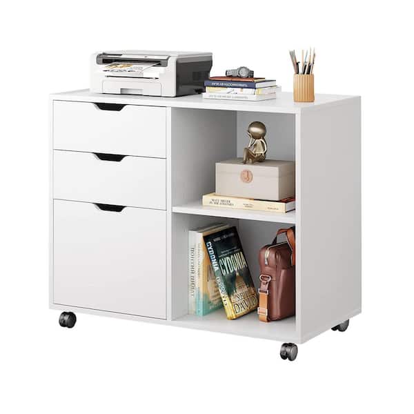 3-Drawer Wood File Cabinet with Open Storage Shelves and Mobile Wheels for Home Office White 31.3x15.7x24.7