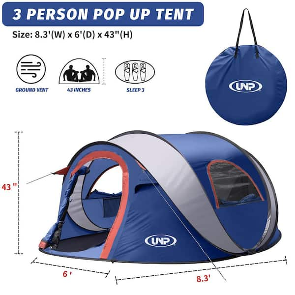 8 ft. x 3 ft. Navy Blue Polyester Pop Up Camping Tent 3 Person Shade Tents 2 Doors for Camping Hiking with Carrying Bag