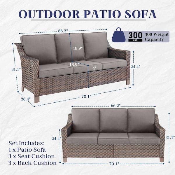Skinny Guy Series 3-Seat Brown Wicker Outdoor Patio Sofa Couch with Cushion Guard Gray Cushions
