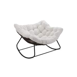 Black Metal Oversized Outdoor Rocking Chair Papasan Chair with Padded White Cushions