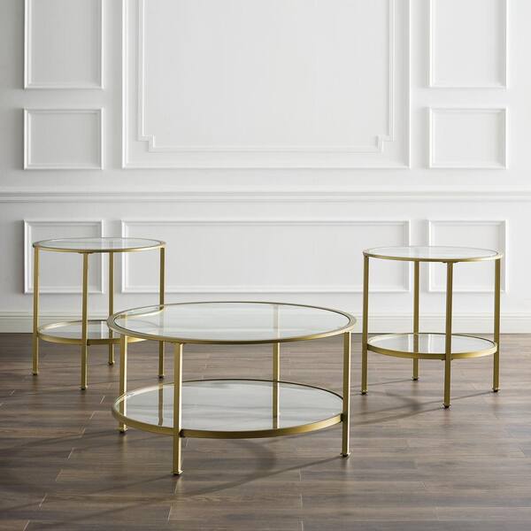 Crosley Furniture Aimee 3 Piece Gold Round Glass Coffee Table Set With Shelf Kf13020gl The Home Depot Crosley Furniture Aimee 3 Piece Gold, 3 Piece Round Glass Coffee Table Set