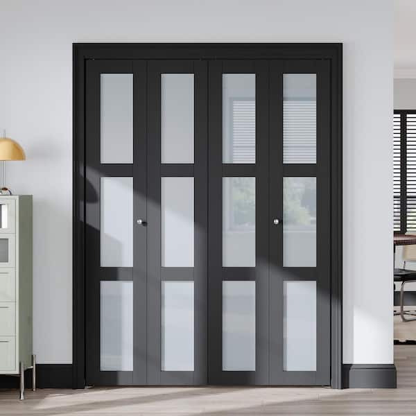 60 in. x 80 in. (Double 30 in) 3-Lite Frosted Glass Solid Core MDF Black Finished Bi-fold Door with Hardware Kit