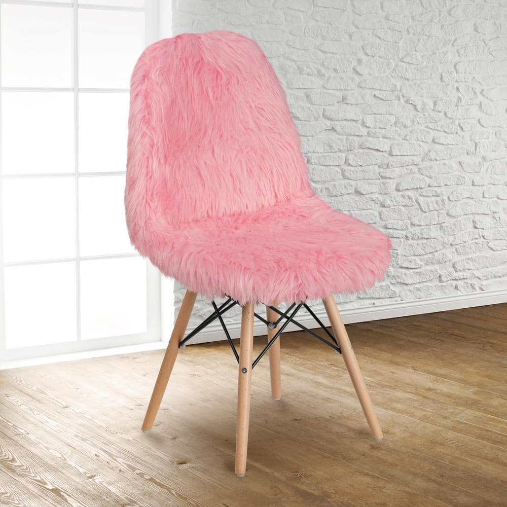 Retro Chic Light Pink Faux Fur Accent Chair with Beechwood Base