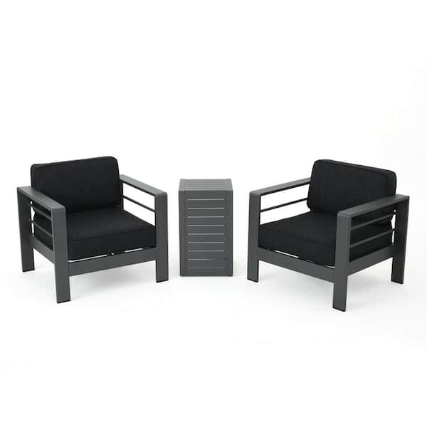 Noble House 3-Piece Metal Outdoor Patio Conversation Set with Dark Gray Cushions