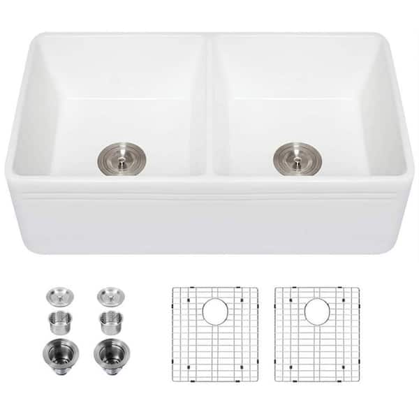 33 in.W x 18 in.D Double Bowl Ceramic Farmhouse/Apron Kitchen Sink with Sink Grid and Basket Strainer