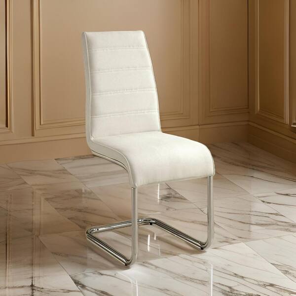 Benjara White Leather Side Chair with Steel Tube Finish (Set of 2)
