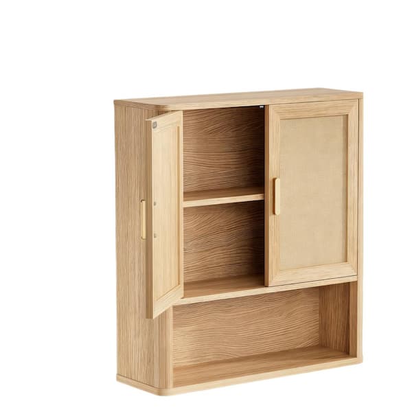 24 in. W x 30 in. H Natural Medicine Cabinet without Mirror with Rattan Doors, Open Compartments and Adjustable Shelf