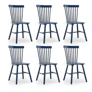 Windsor Classic Navy Blue Solid Wood Dining Chairs with Curving Spindle Back for Kitchen and Dining Room Set of 6