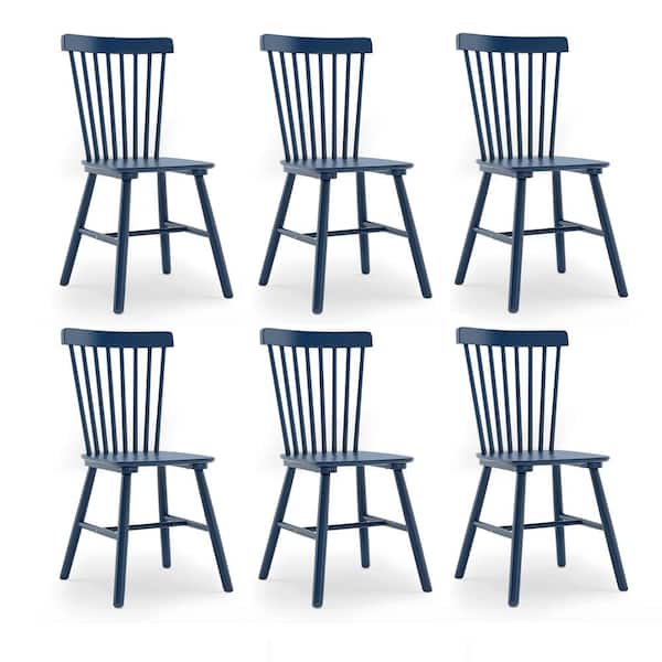 LUE BONA Windsor Classic Navy-Blue Solid Wood Dining Chairs with Curving Spindle Back for Kitchen and Dining Room Set of 6