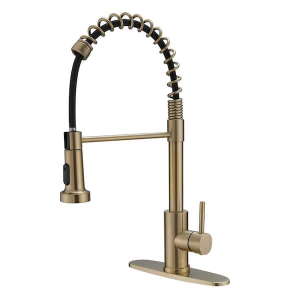 BWE Single Handle Pull-Down Sprayer High Arc Pull Down Sprayer Kitchen Faucet With Deck Plate in Brushed Gold