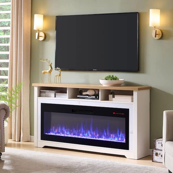 70 in. Freestanding Metal Tempered Glass 60 in. Smart Electric Fireplace TV Stand with Storage in White