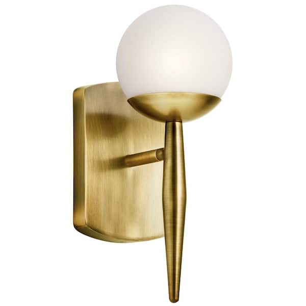 KICHLER Jasper 1-Light Natural Brass Bathroom Indoor Wall Sconce Light with Satin Etched Cased Opal Glass Shade