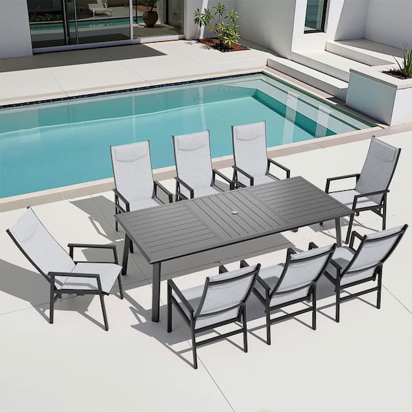 9-Pieces 94 in. High-end Black Rectangle Metal Aluminum Patio Outdoor Dining Set with Adjustable Backrest Gray Chair