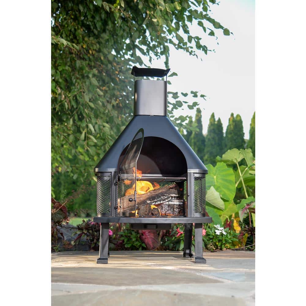 Black Steel Free-Standing Wood Burning Chimenea Fire Pit