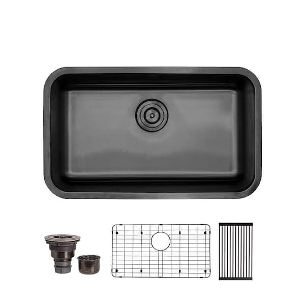 30 in. Undermount Single Bowl 18 Gauge Gunmetal Black Stainless Steel Kitchen Sink with Accessories