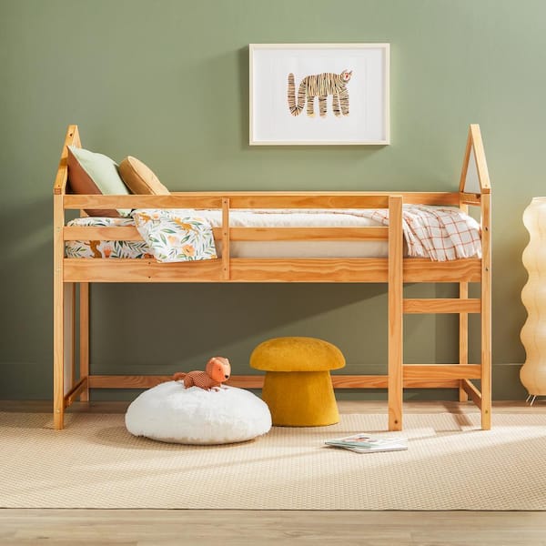 Walker Edison Furniture Company Contemporary Natural Pine Solid Wood Twin Low Loft Bed with Ladder and Whiteboard
