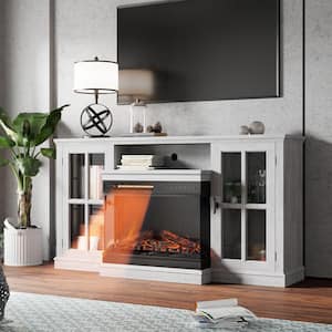 59 in. Deluxe Gray TV Stand with 5,000 BTU Electric Fireplace and Glass Cabinets, Room Center Fits TV's up to 65 in.