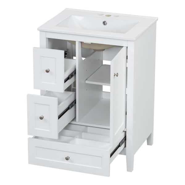 24 in. Single Sink White Bath Vanity with White Ceramic Top, Drawer, Adjustable Shelf, Unassembled