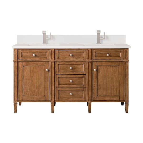 James Martin Vanities Brittany 60.0 in. W x 23.5 in. D x 34.0 in. H Double Bathroom Vanity in Saddle Brown with White Zeus Quartz Top